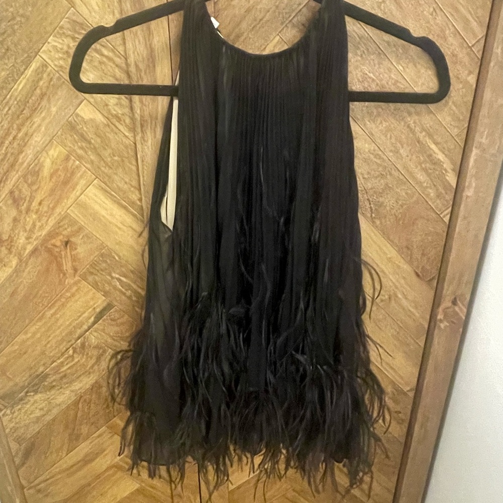 Oscar de la Renta Sleeveless Silk Chiffon Top with Ostrich Feathers